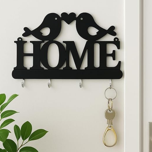 علاقة مفاتيح حائط ديكور خشب MDF من HFR Artech تصميم Homeمع عصافير الحب مزودة بـ 4 خطافات مقاس 25×15 سم تعليق سحري بلاصق دبل فيس قوي بدون مسامير أو تكسير قطعة واحدة باللون الأسود الملكي