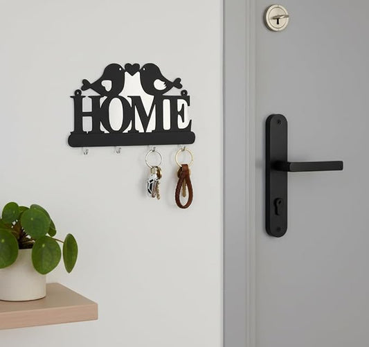 علاقة مفاتيح حائط ديكور خشب MDF من HFR Artech تصميم Homeمع عصافير الحب مزودة بـ 4 خطافات مقاس 25×15 سم تعليق سحري بلاصق دبل فيس قوي بدون مسامير أو تكسير قطعة واحدة باللون الأسود الملكي