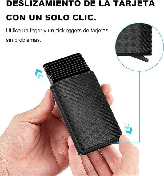 محفظة من ألياف الكربون والألومنيوم للرجال، بتصميم بسيط باللون الأسود، مع حماية RFID ومنبثق تلقائياً وخفيف الوزن