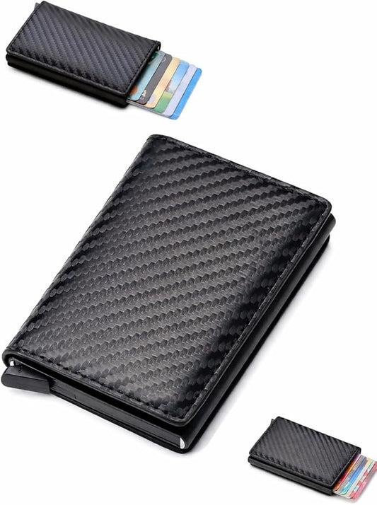محفظة من ألياف الكربون والألومنيوم للرجال، بتصميم بسيط باللون الأسود، مع حماية RFID ومنبثق تلقائياً وخفيف الوزن
