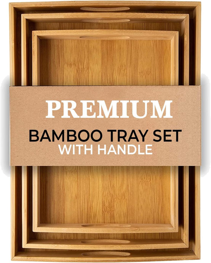 صينية تقديم خشب بامبو مع مقابض من 3 قطع من ايه دبليو اتش جينر، صينية مستطيلة بأحجام كبيرة وصغيرة ومتوسطة لتقديم الفطار والطعام للمطبخ والمطاعم والأماكن الخارجية